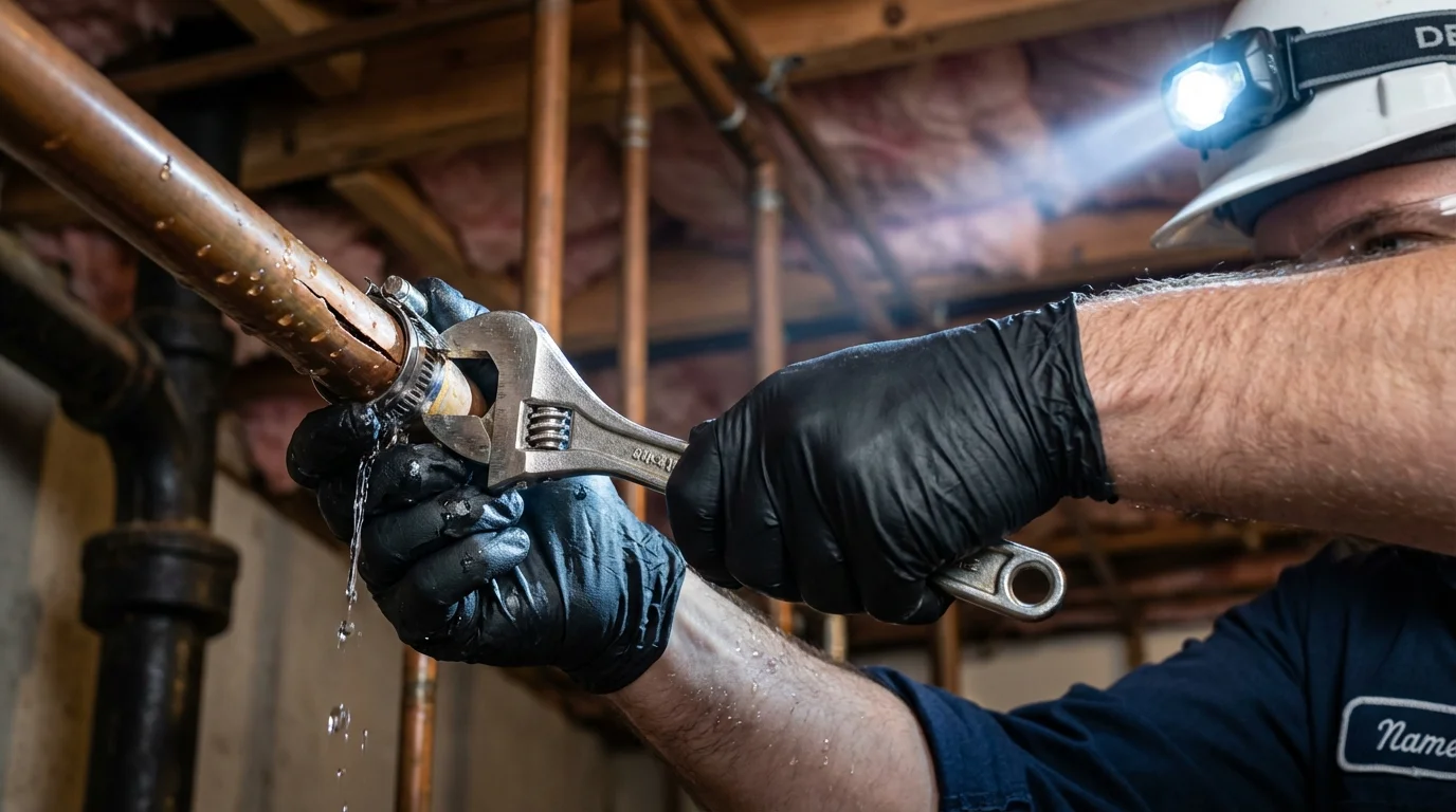 Emergency pipe clamp repair being performed by a Johns Plumbing LLC plumber in Greenup