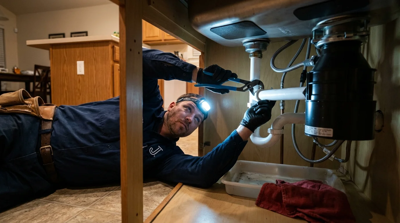 P-trap and supply line connections under a kitchen sink showing a common leak point in Greenup, IL